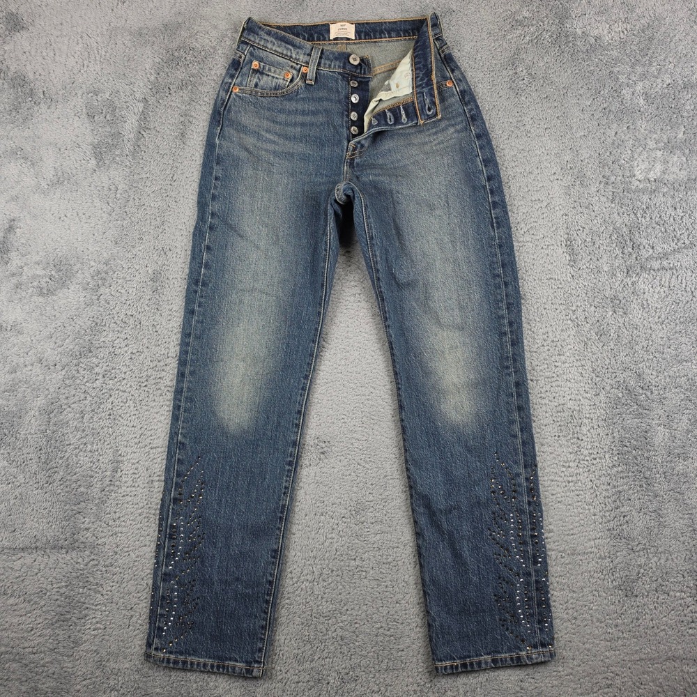 Levis 501 Button Fly Jeans Womens 26 Blue Curve Rhinestone Studded Straight EUC